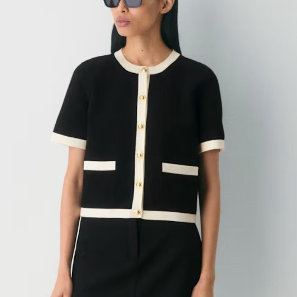 Babaton Black Short-Sleeve Knit Cardigan with Cream Trim